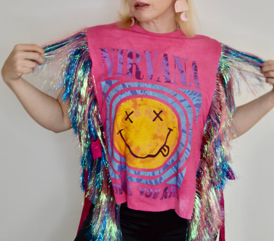 Nirvana Come as You Are Pink OG Tinsel Fringe Top with Side Bows