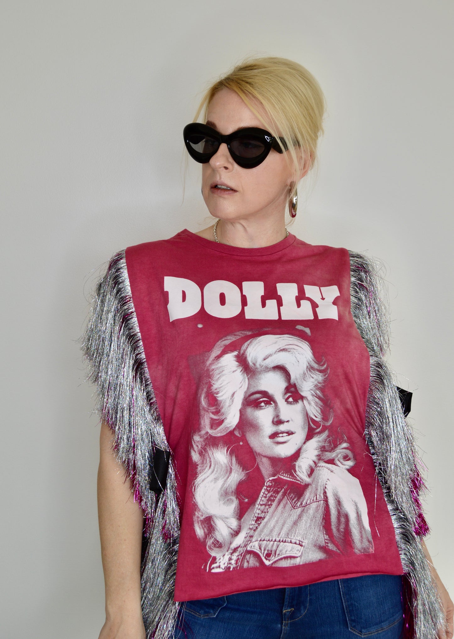 Dolly Parton Pink OG Tinsel Fringe Top with Side Bows