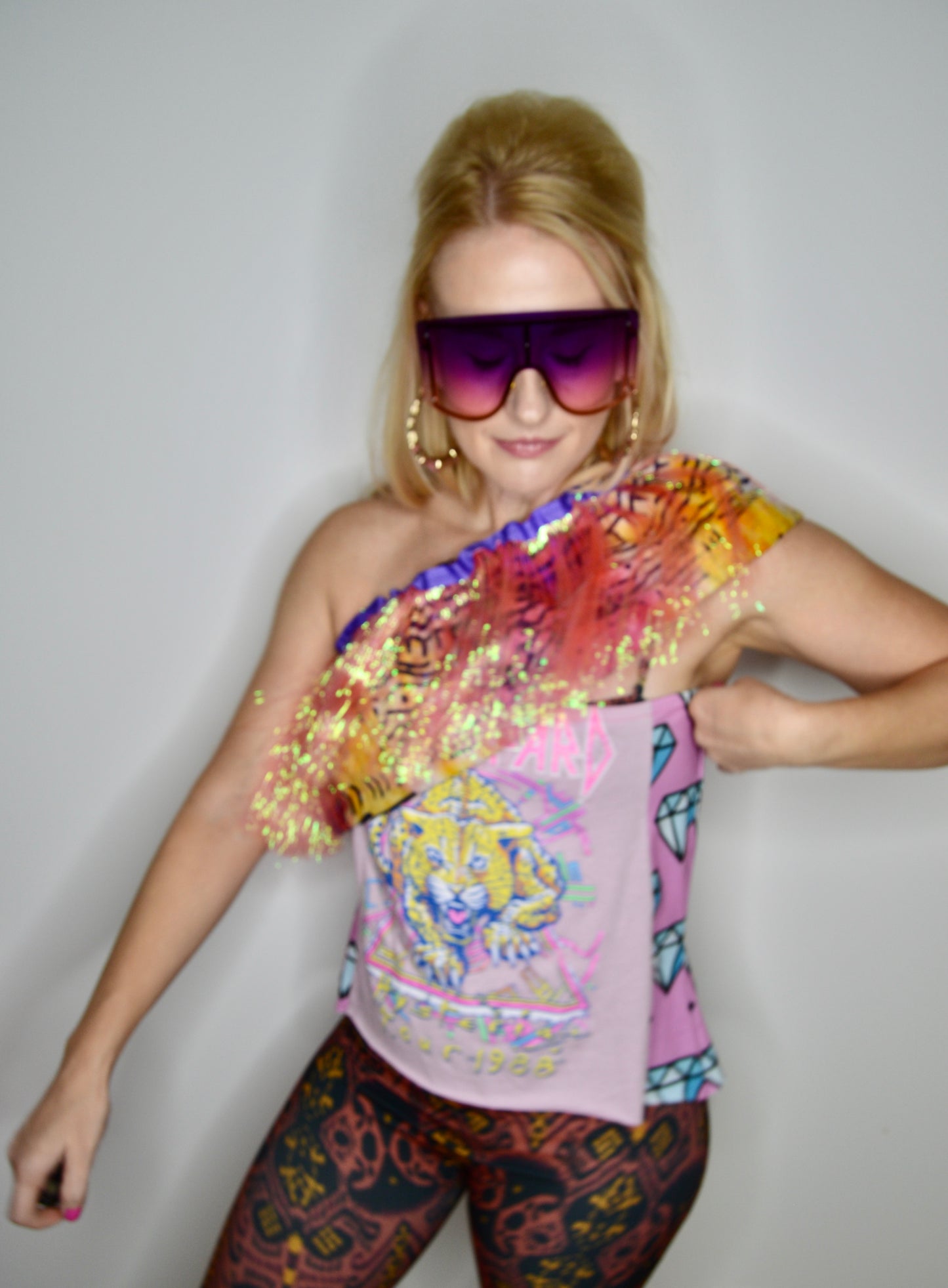 Def Leppard Pink Asymmetrical Ruffle Upcycled Tinsel Top