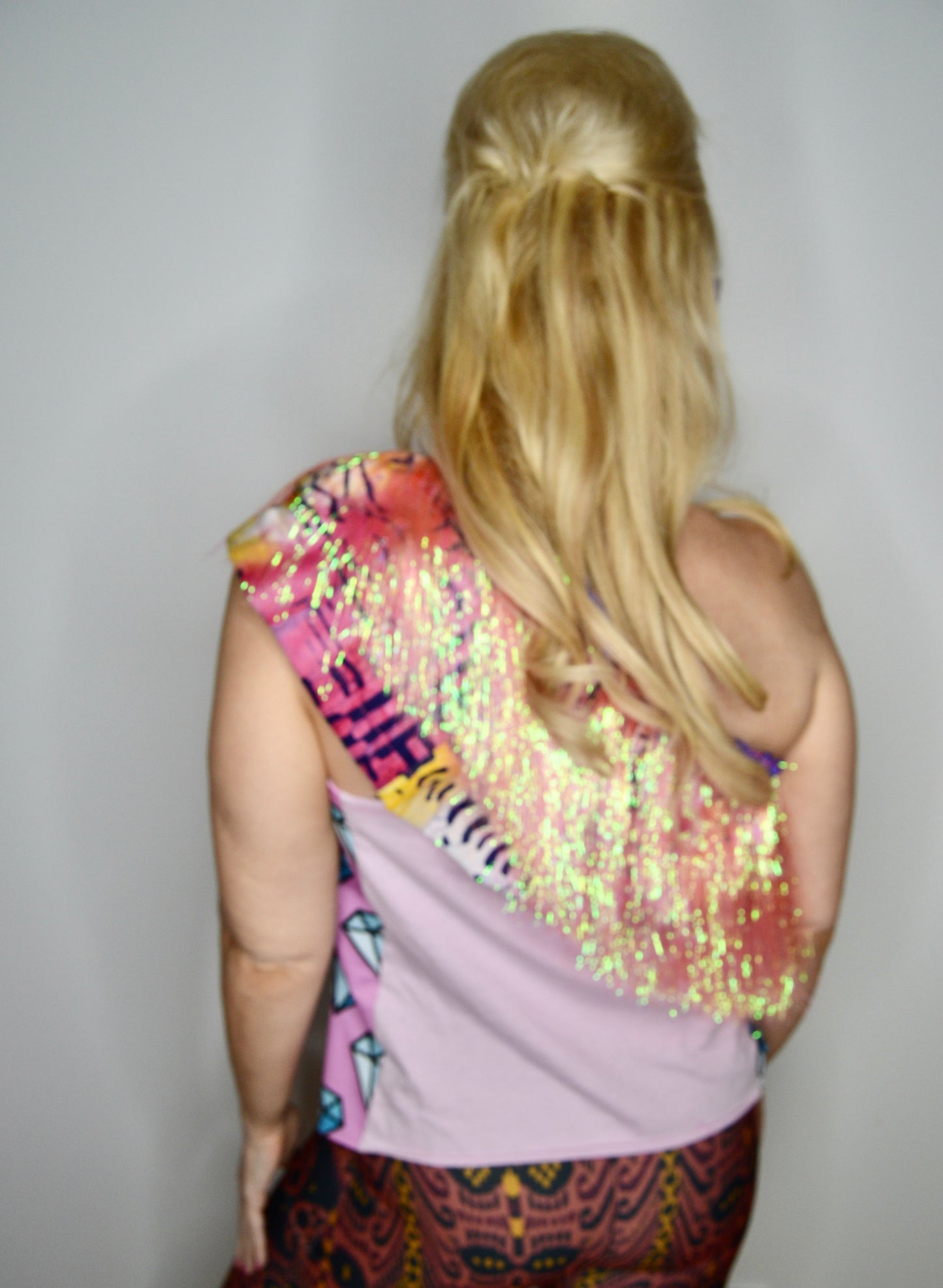Def Leppard Pink Asymmetrical Ruffle Upcycled Tinsel Top