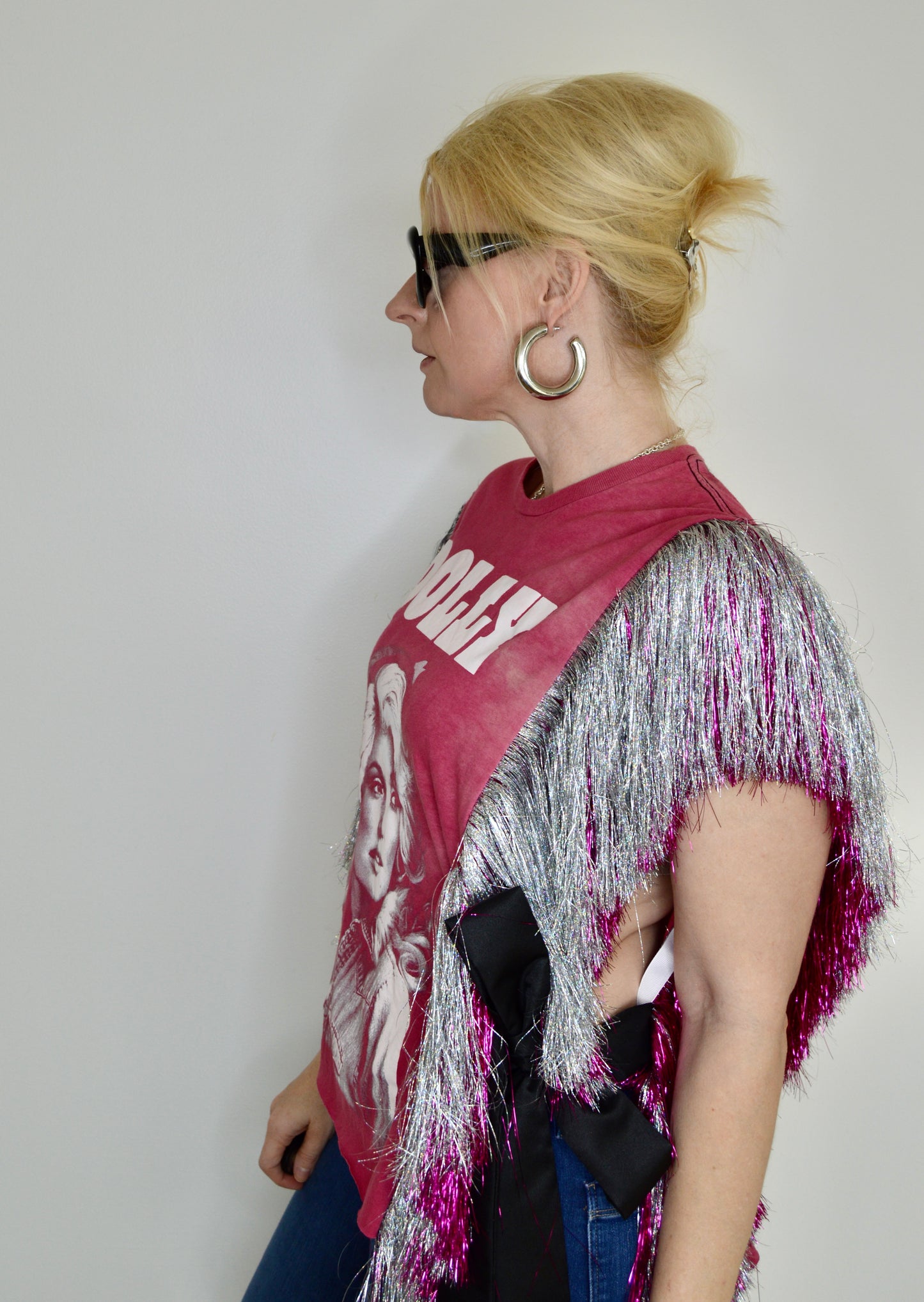 Dolly Parton Pink OG Tinsel Fringe Top with Side Bows