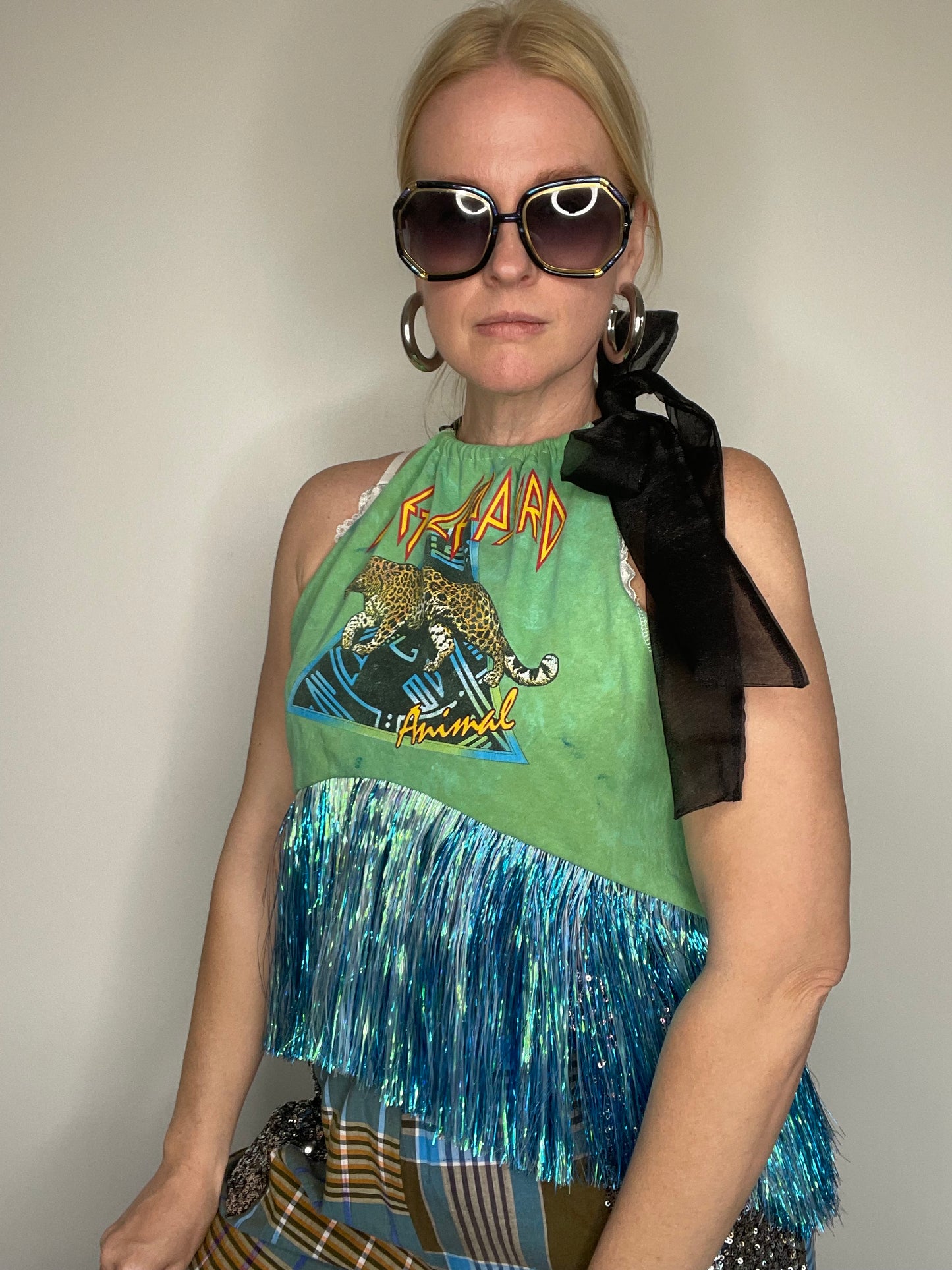 Def Leppard Animal Green Tinsel Fringe Halter Top