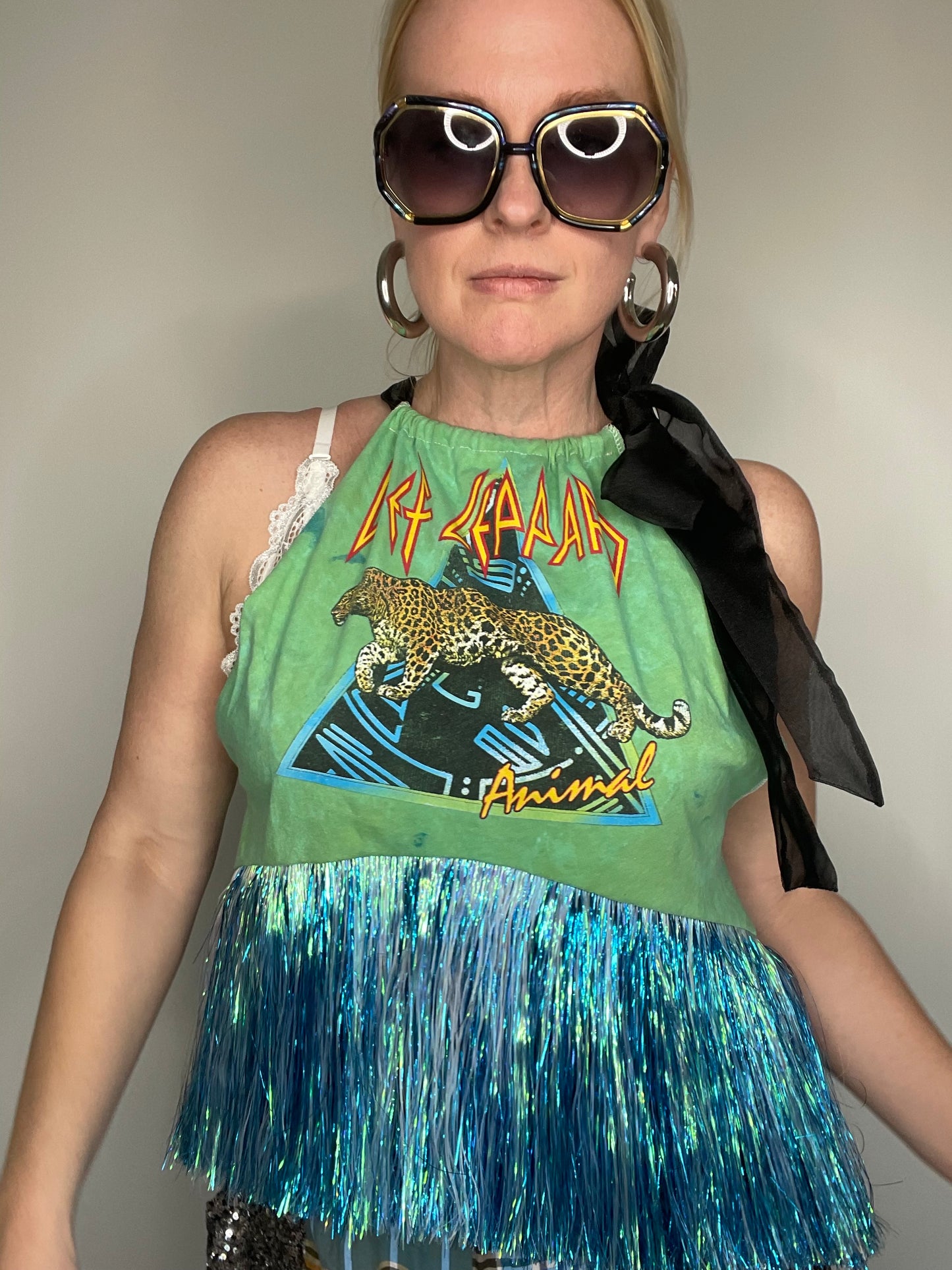 Def Leppard Animal Green Tinsel Fringe Halter Top