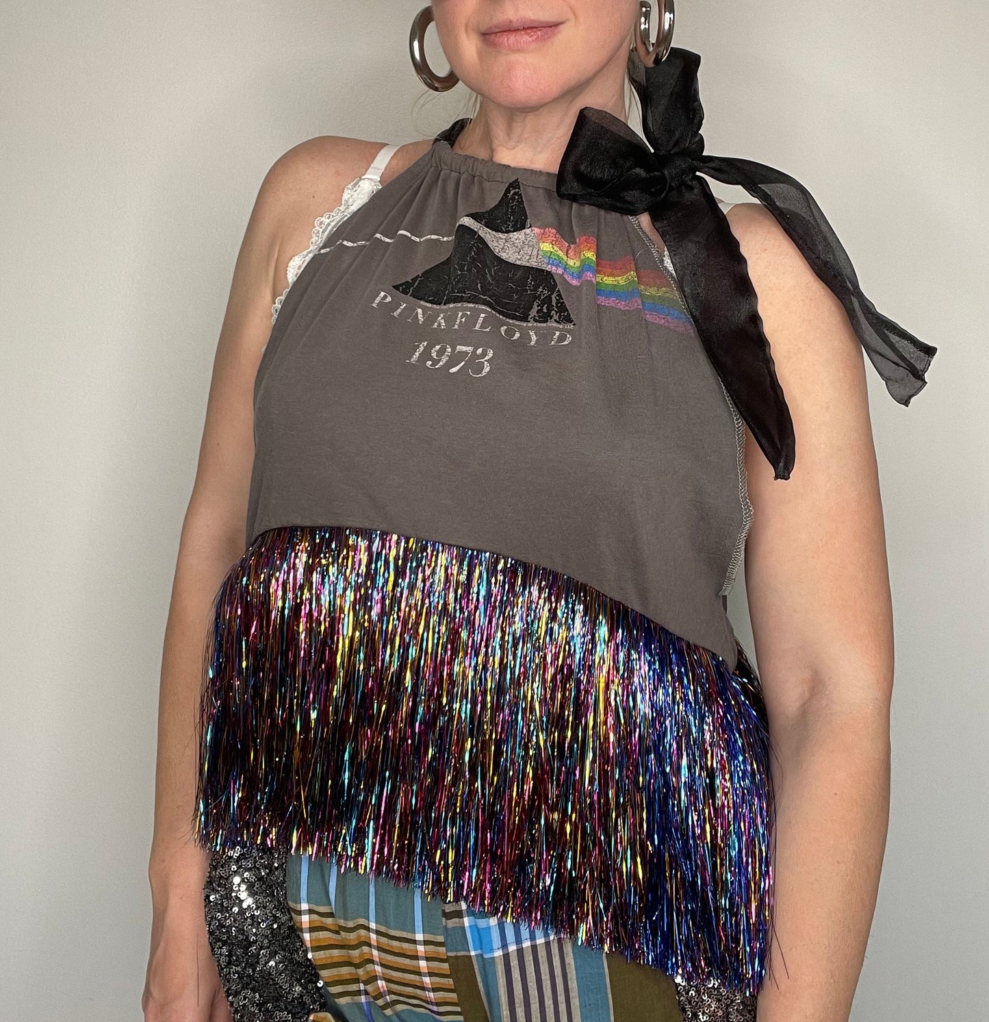 Pink Floyd Dark Side Dark Grey Tinsel Fringe Halter Top